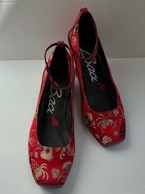 Baci Red Floral Embroidered Mary Jane Heels with Ankle Strap